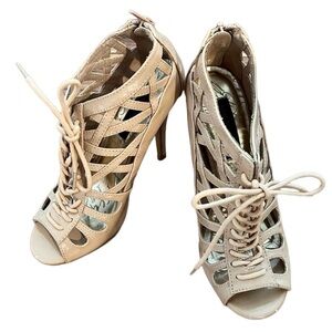 Material Girl 5.5 Nude Cage Heels Tie Front Zip Back